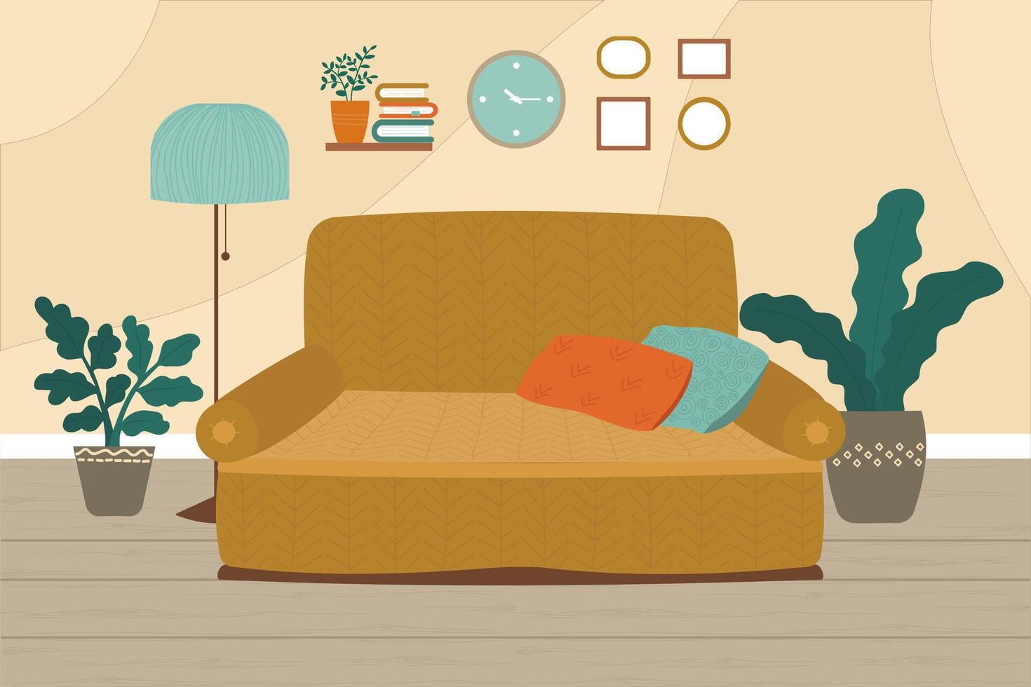 Vector design of a living room with retro furniture. Vector illustration in a flat cartoon style.