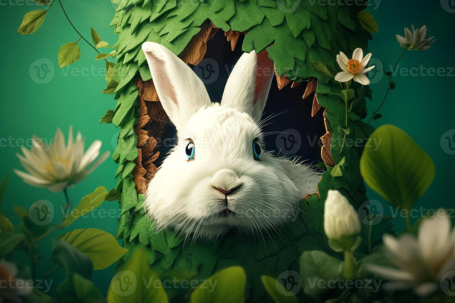 AI generated Bunny face peaking out green natural hole. Generate ai photo