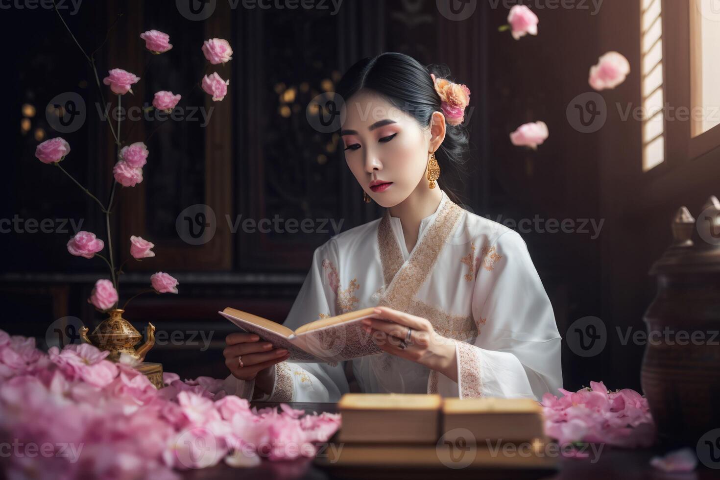 AI generated Asian native woman reading at table. Generate ai photo