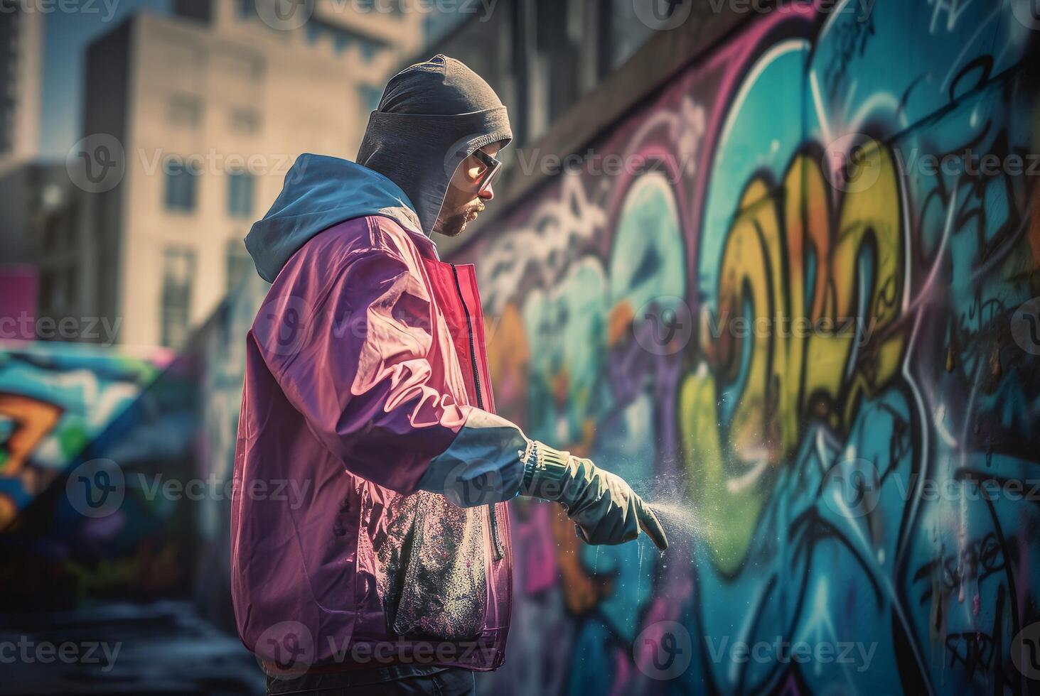 AI generated Cleaner washing graffiti wall. Generate AI photo