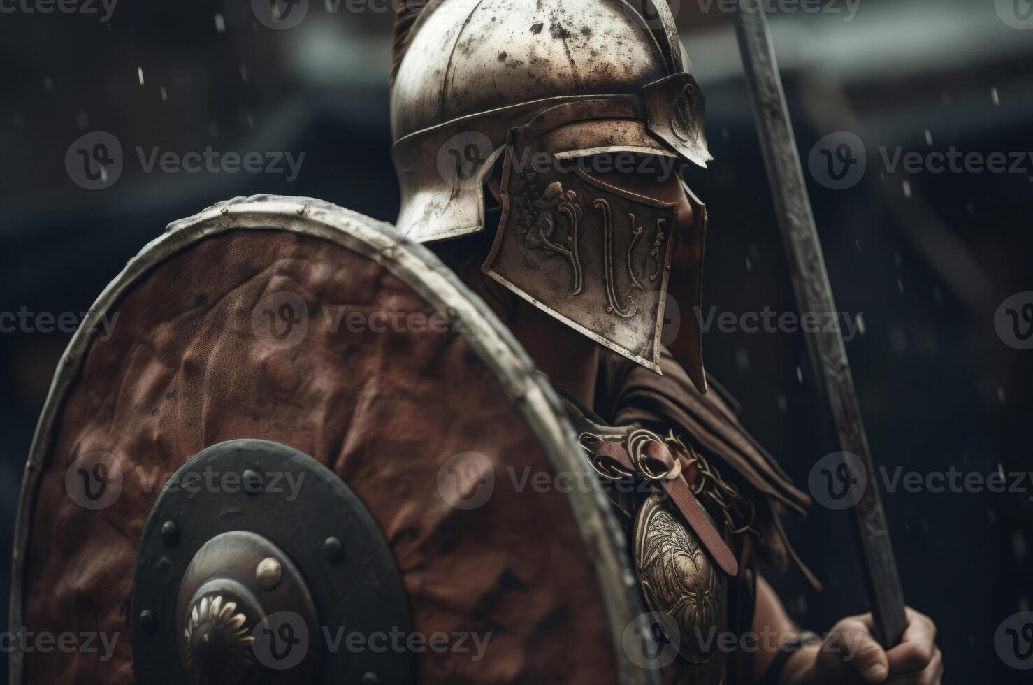 AI generated Legionary warrior battle wearing metal equipment. Generate ai photo