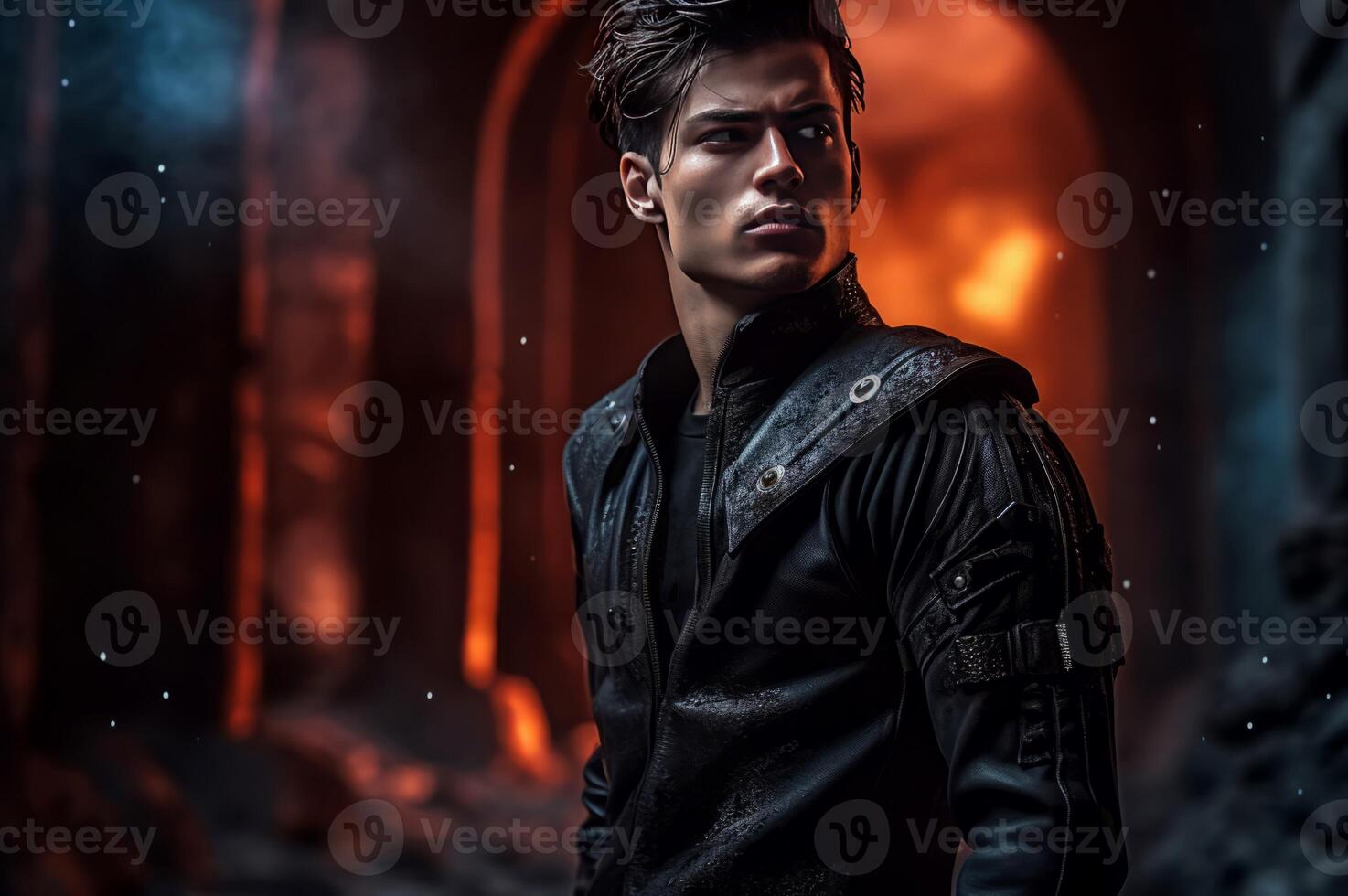 AI generated Handsome dark brown haired man warrior. Generate ai photo