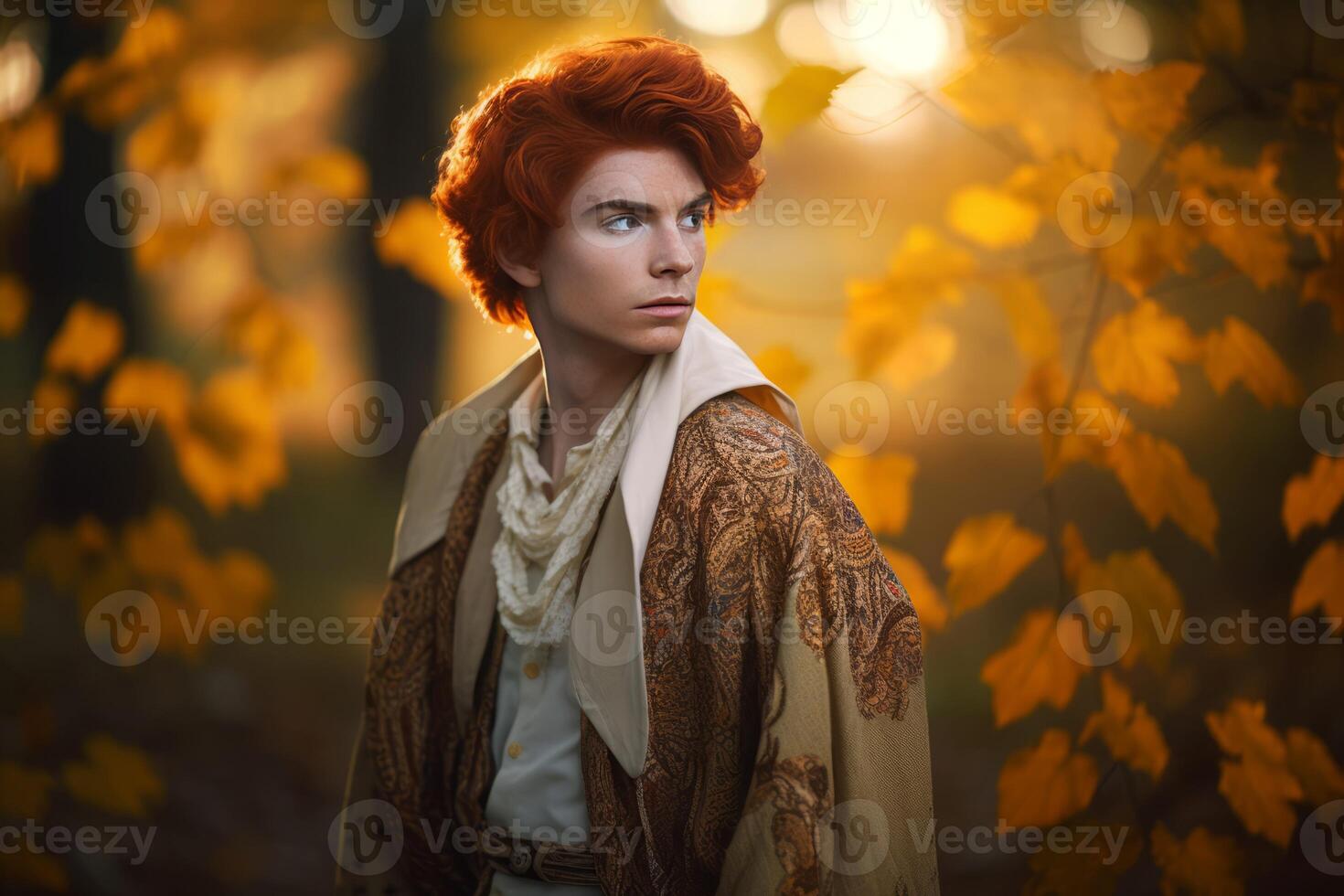 AI generated Handsome male with ginger hair in autumn forest. Generate ai photo