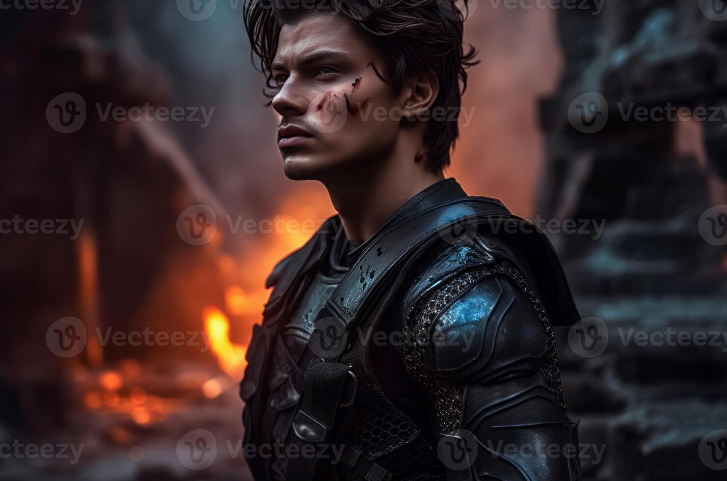 AI generated Fearless dark brown haired man fabled soldier. Generate ai photo