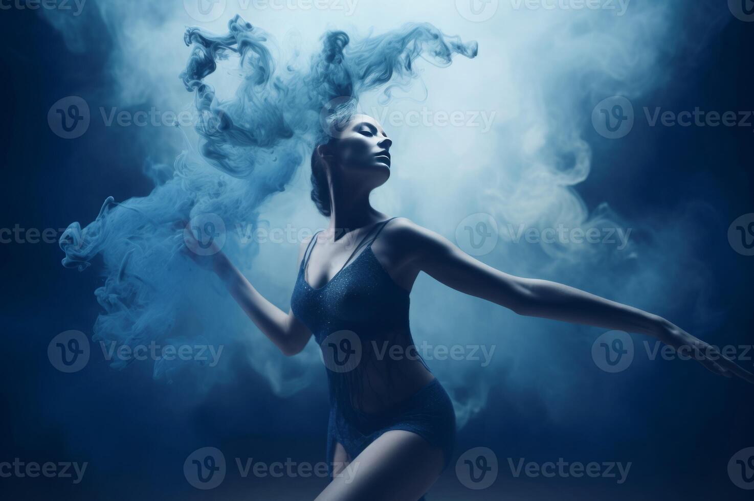 AI generated Female dancer choreography with blue cloudy dust. Generate ai photo