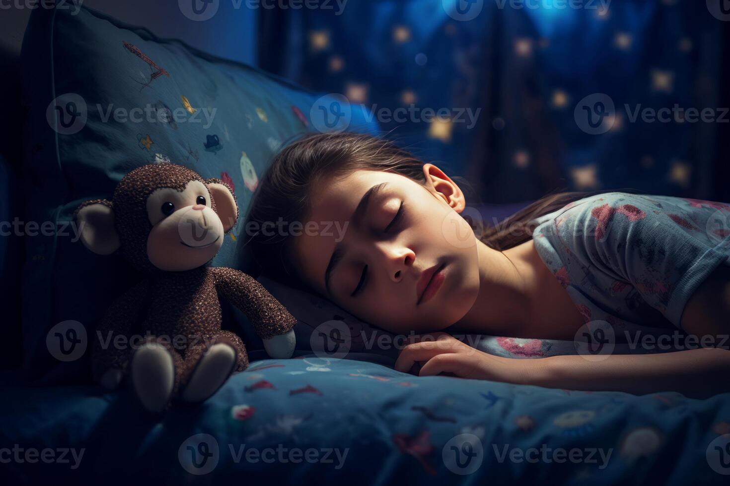AI generated Little brunette girl sleeping. Generate AI photo