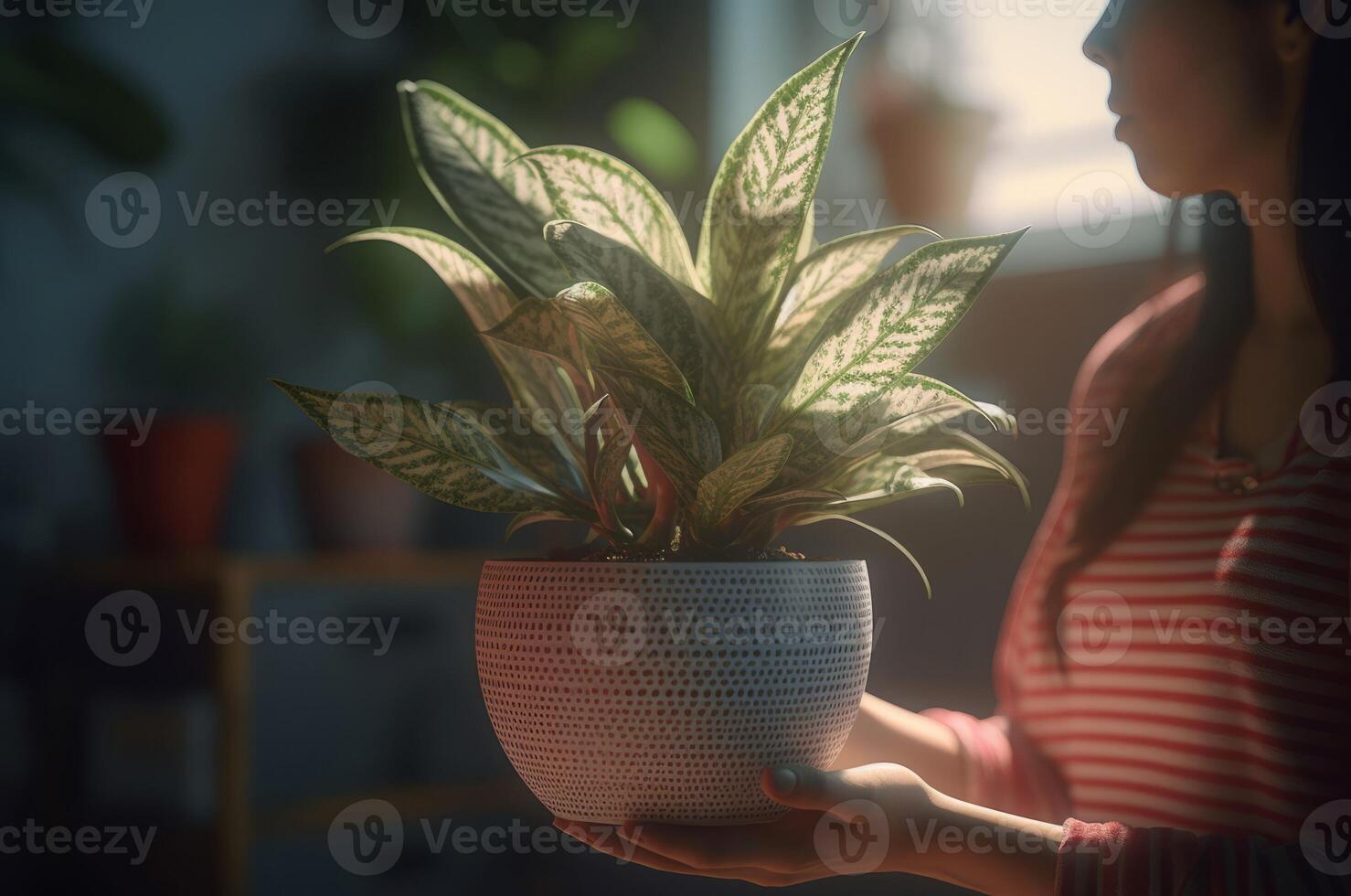 ai generado mujer hoja en conserva planta de casa. generar ai foto