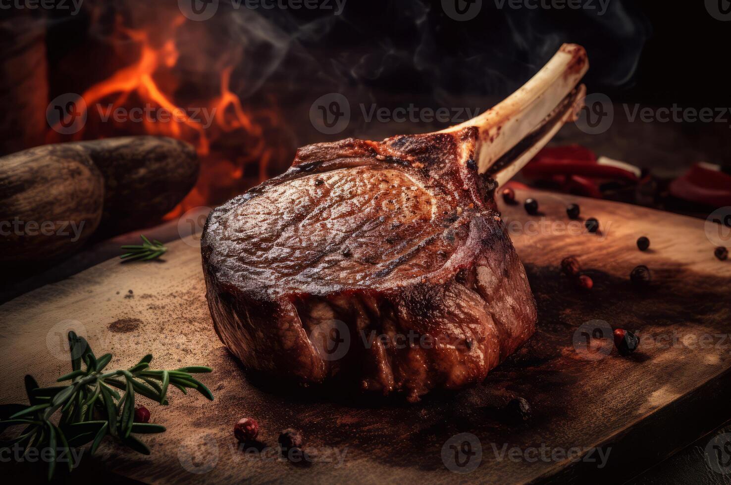 AI generated Barbeque grill tomahawk steak on wooden board. Generate ai photo