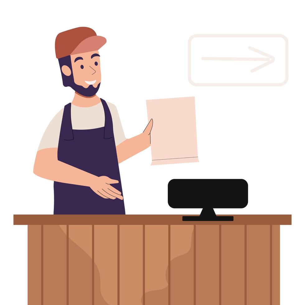 A young cashier standing at the checkout counter with a cash register in a supermarket. A smiling cashier working at the checkout in a supermarket. Vector illustration of a flat design.