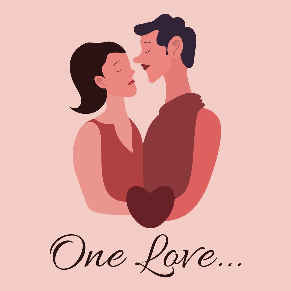 Vector illustration of a couple in love waiting for a kiss with the  inscription - one love. It is suitable for printing postcards,  transferring to textiles, and designing printing products