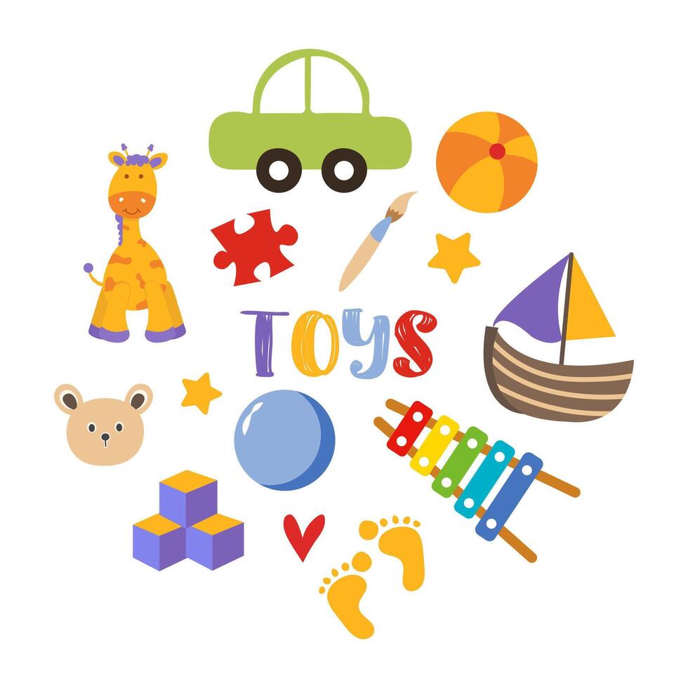 un conjunto de linda juguetes juegos para preescolar niños, jirafa, bebé sonajas para jugando y enseñando niños. un auto, un barco, un pelota, musical instrumentos vector