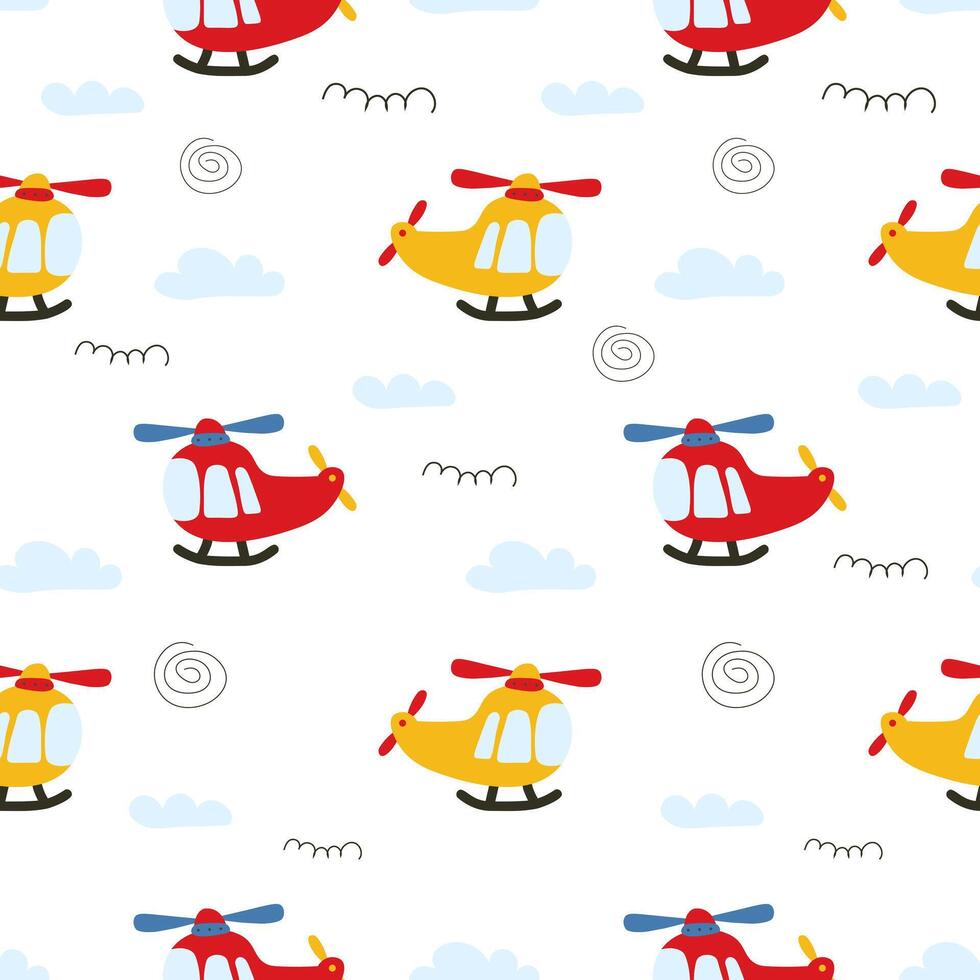 Seamless pattern for a boy with a cartoon children's helicopter.  Wallpaper for a children's room with flying helicopters and clouds.  Vector printing of air transport.