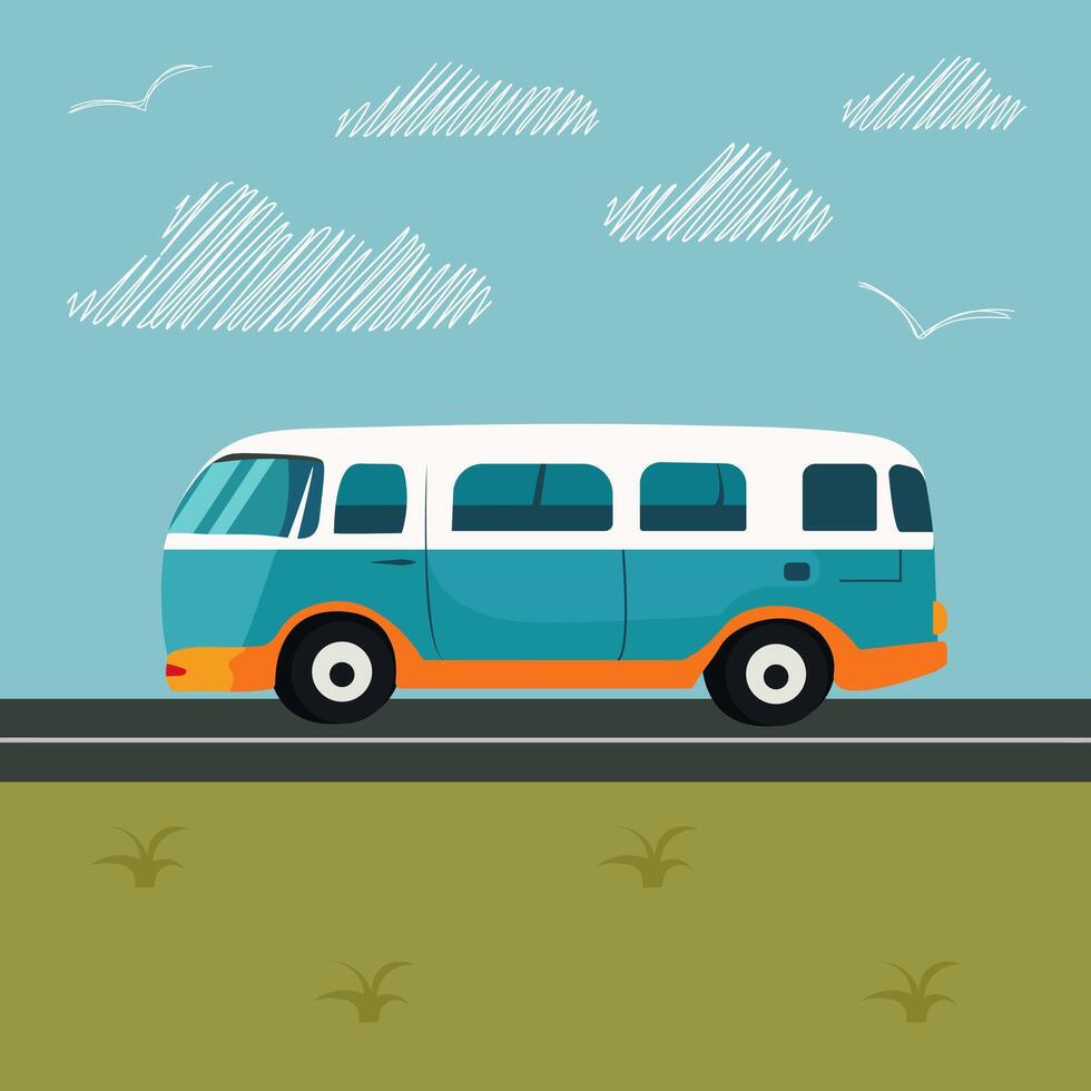 The bus is traveling on a highway in the desert. Grass, road and clouds landscape flat vector illustration