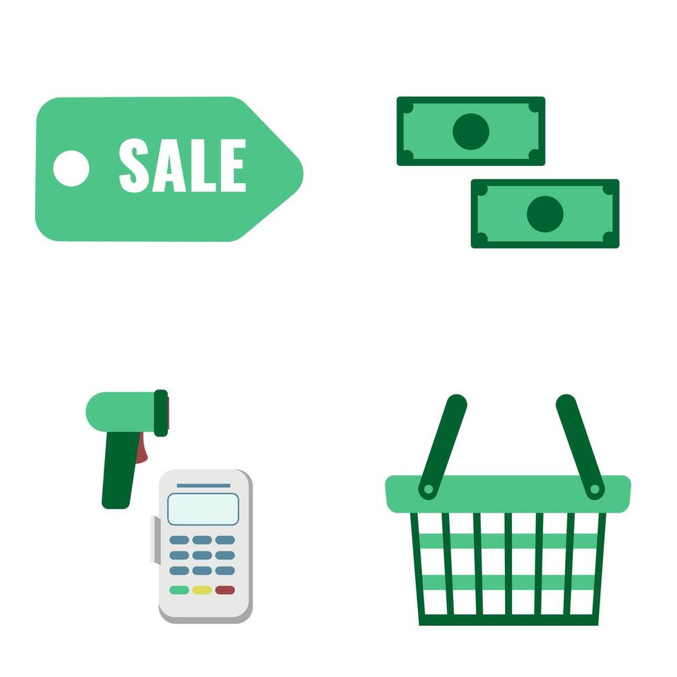 Green items are traded and sold in a flat style.  Money, consumer basket, sale, terminal vector