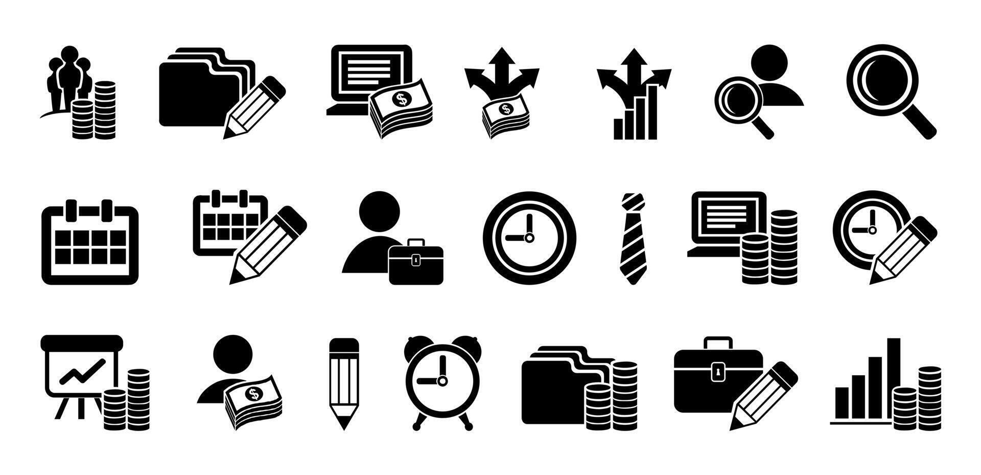 Finance and Business icon set. Containing loan, cash, saving, financial goal, profit, budget, mutual fund, earning money and revenue icons. Solid icons collection. vector