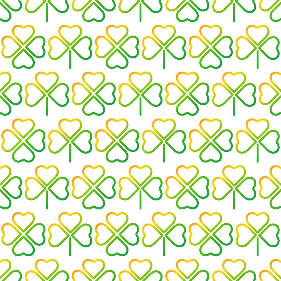 Seamless pattern with gradient shamrock for Saint Patrick's Day. Four leaf and three leaf clover leaves with green and orange gradient vector
