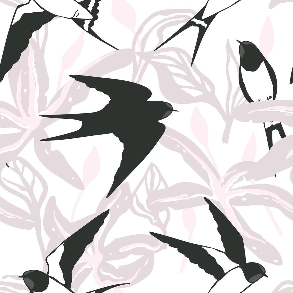 Seamless pattern with swallows and big abstract flowers and leaves. Spring birds design vector