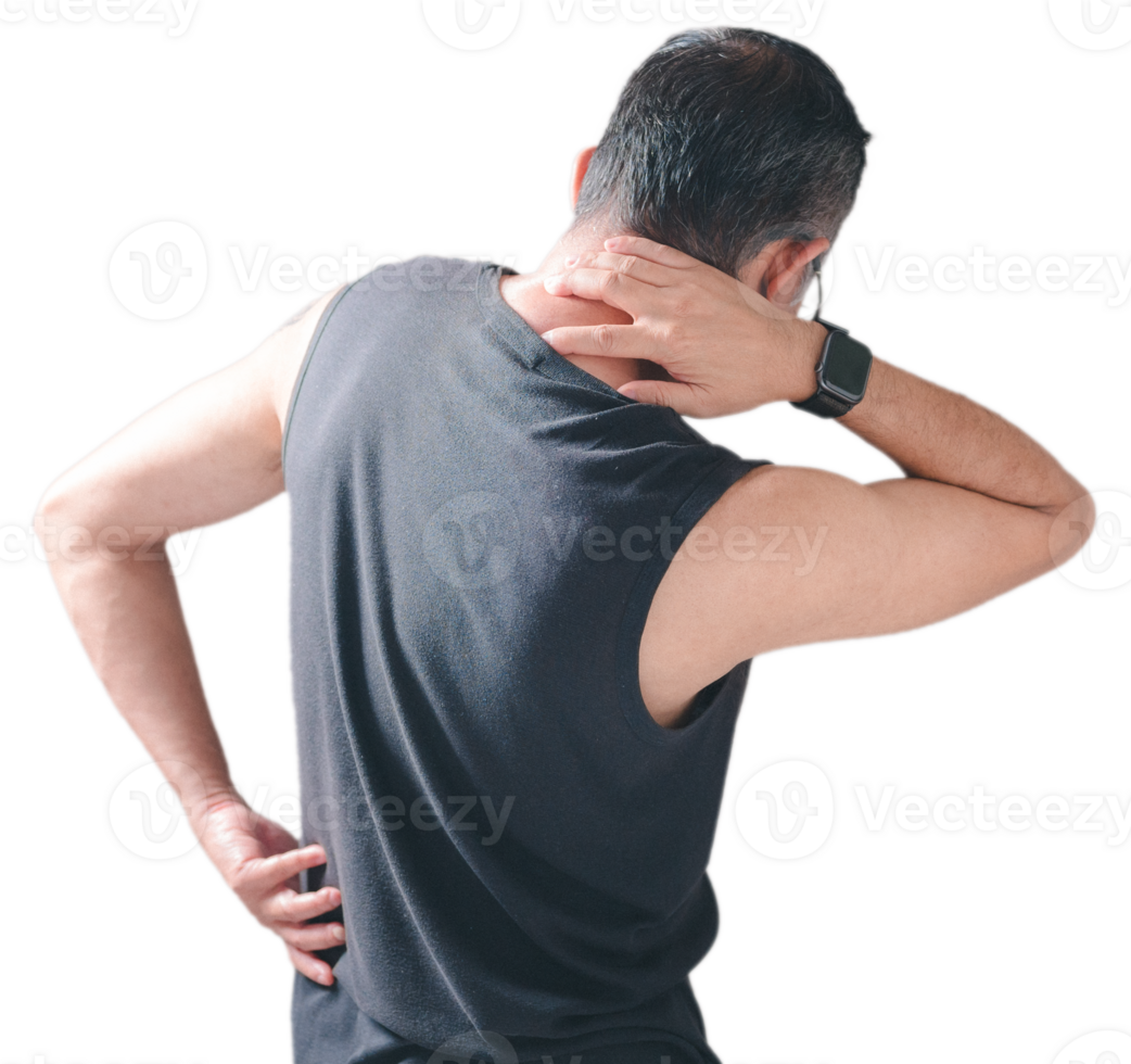 The man experiences back pain, indicating a potential injury or muscle problem affecting the spine or joints, necessitating attention to alleviate the ache and restore optimal bodily function. png