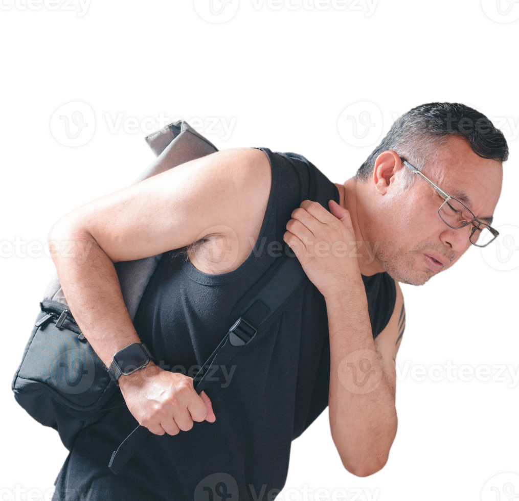 Man Asians experience back pain, indicating a potential injury or muscle problem affecting the spine or joints, necessitating attention to alleviate the ache and restore optimal bodily function png