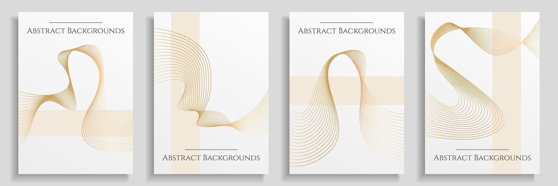 Set of four luxury abstract business posters, templates, white backgrounds with golden lines. Vector art, blank printable covers.