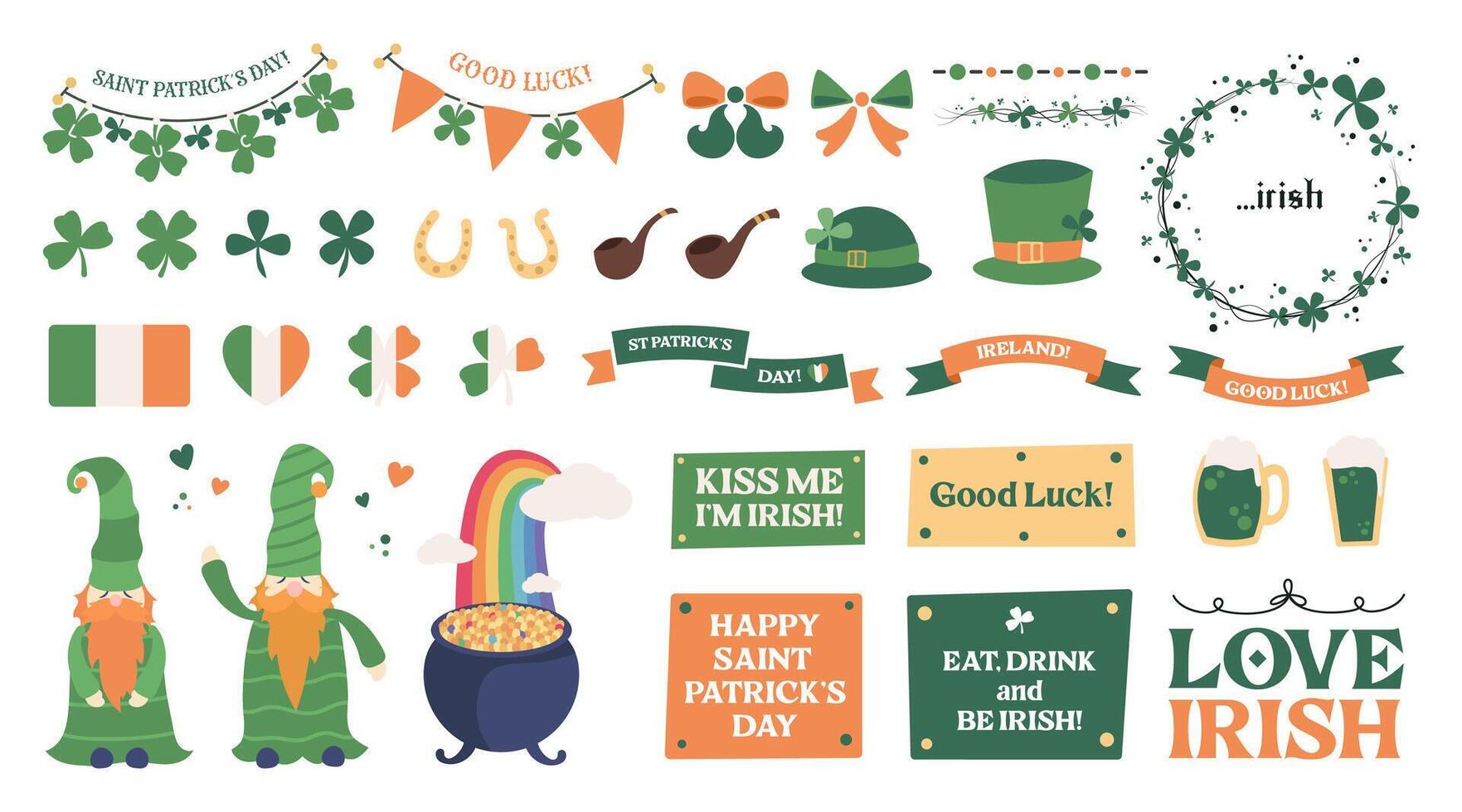 Saint Patrick's Day sticker set, Irish holiday design elements with Irish flags, symbols, green beer, hats, clover frame, horseshoe, smoking pipes and leprechaun gold. Vector illustration.