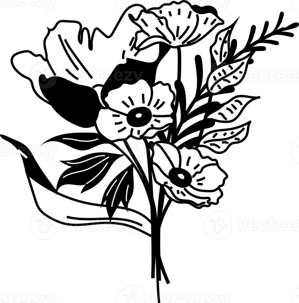 Line art of Bouquets. Trendy botanical elements. Wild flowers and leaves png