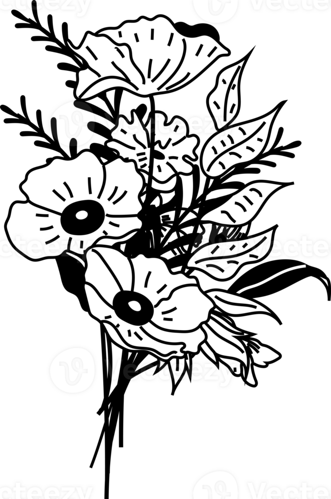 Line art of Bouquets. Trendy botanical elements. Wild flowers and leaves png