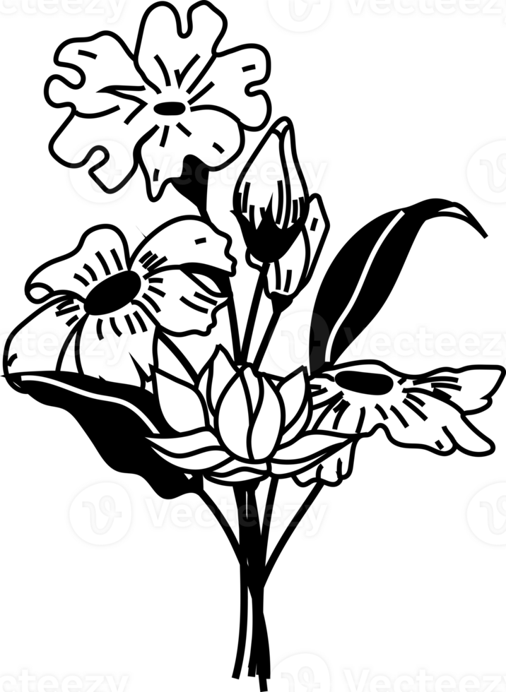 Line art of Bouquets. Trendy botanical elements. Wild flowers and leaves png