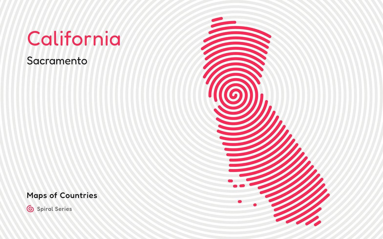 Abstract Map of California in Spiral Pattern with Capital of Sacramento. American States map Set. vector