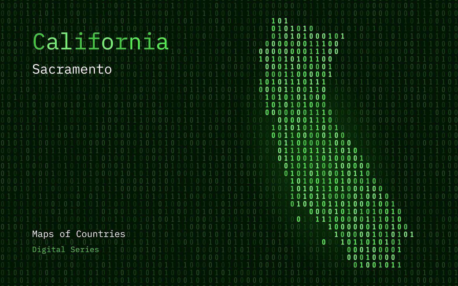 California Map Shown in Binary Code Pattern. Sacramento. Matrix numbers, zero, one. United States Vector Maps. Digital Series