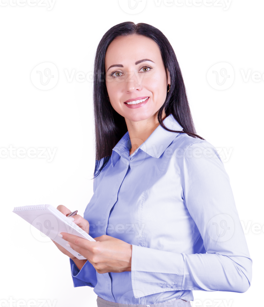 Portrait of a smiling, young attractive business woman in a blue shirt with a notepad in her hands. Business lady png