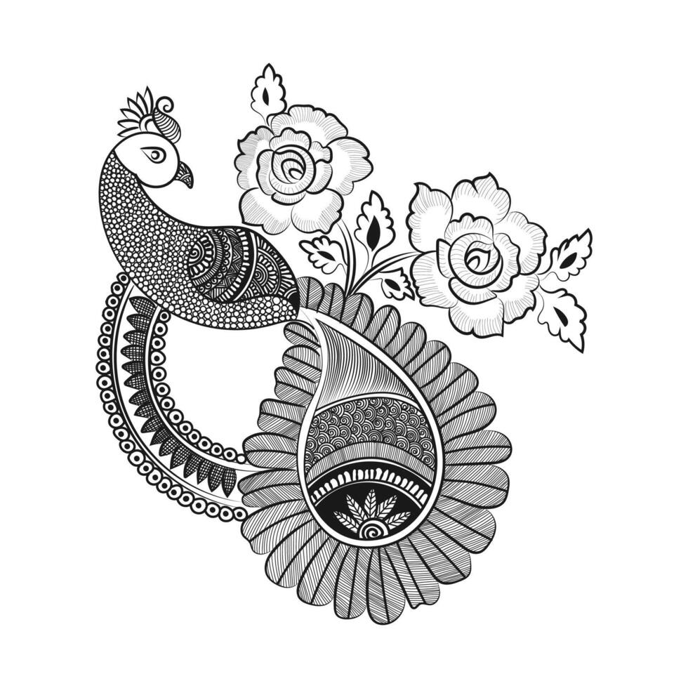 Peacock and flower hand drawn line art design Free Vector