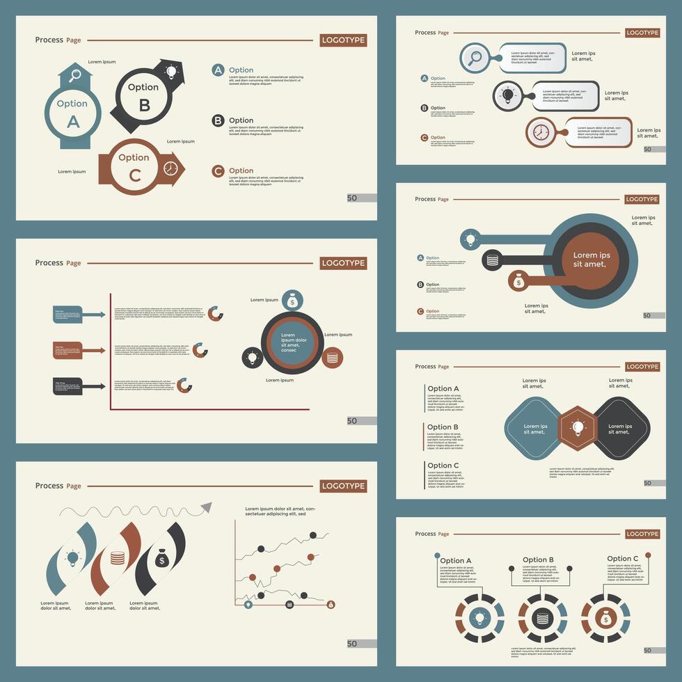 Siete administración diapositiva plantillas conjunto gratis vector