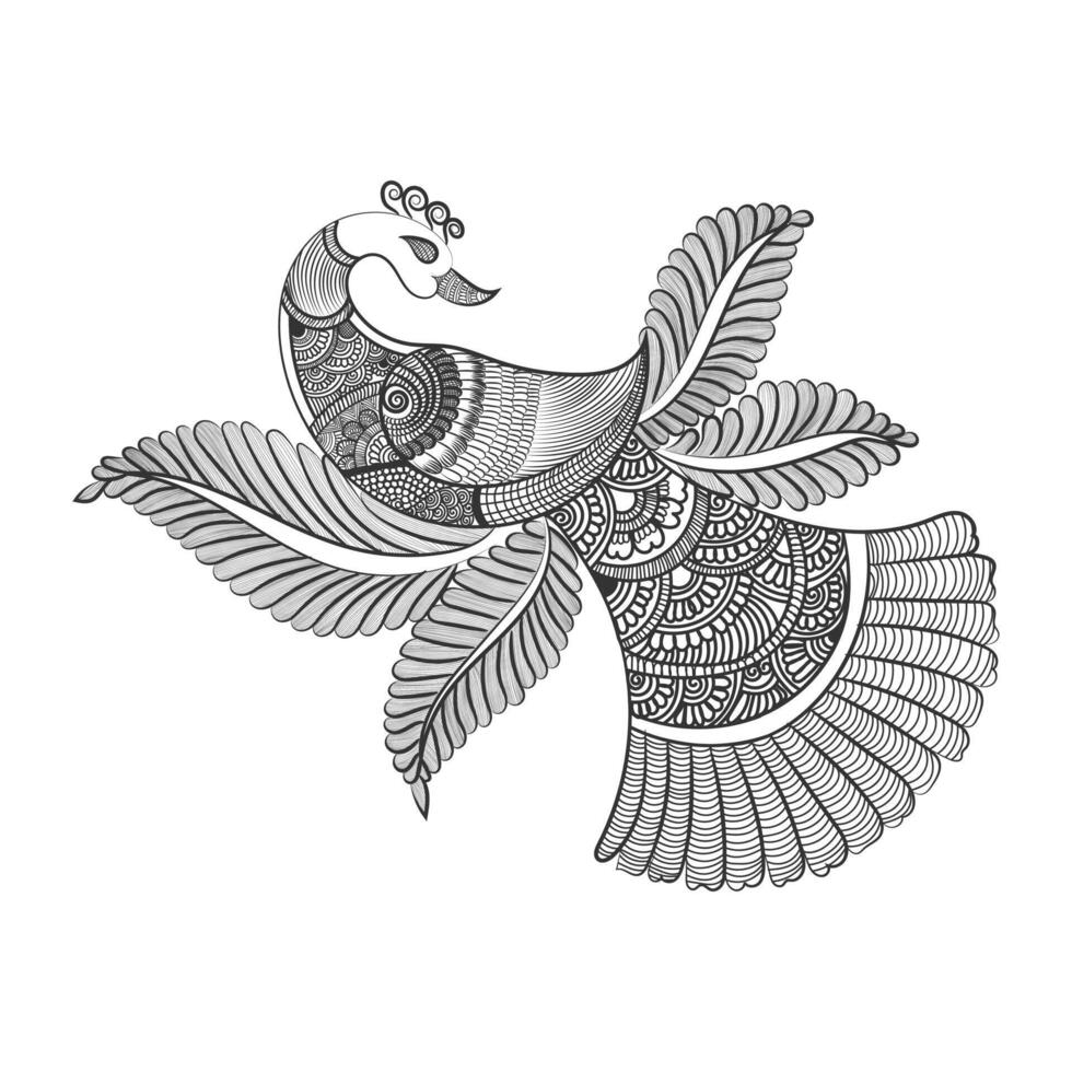 Peacock and flower hand drawn line art design Free Vector