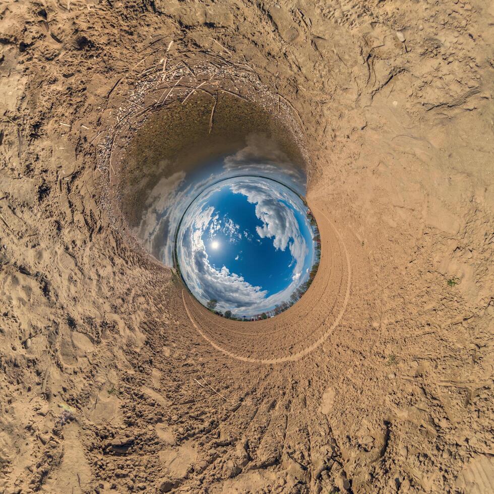 blue hole sphere little planet inside green grass round frame background photo