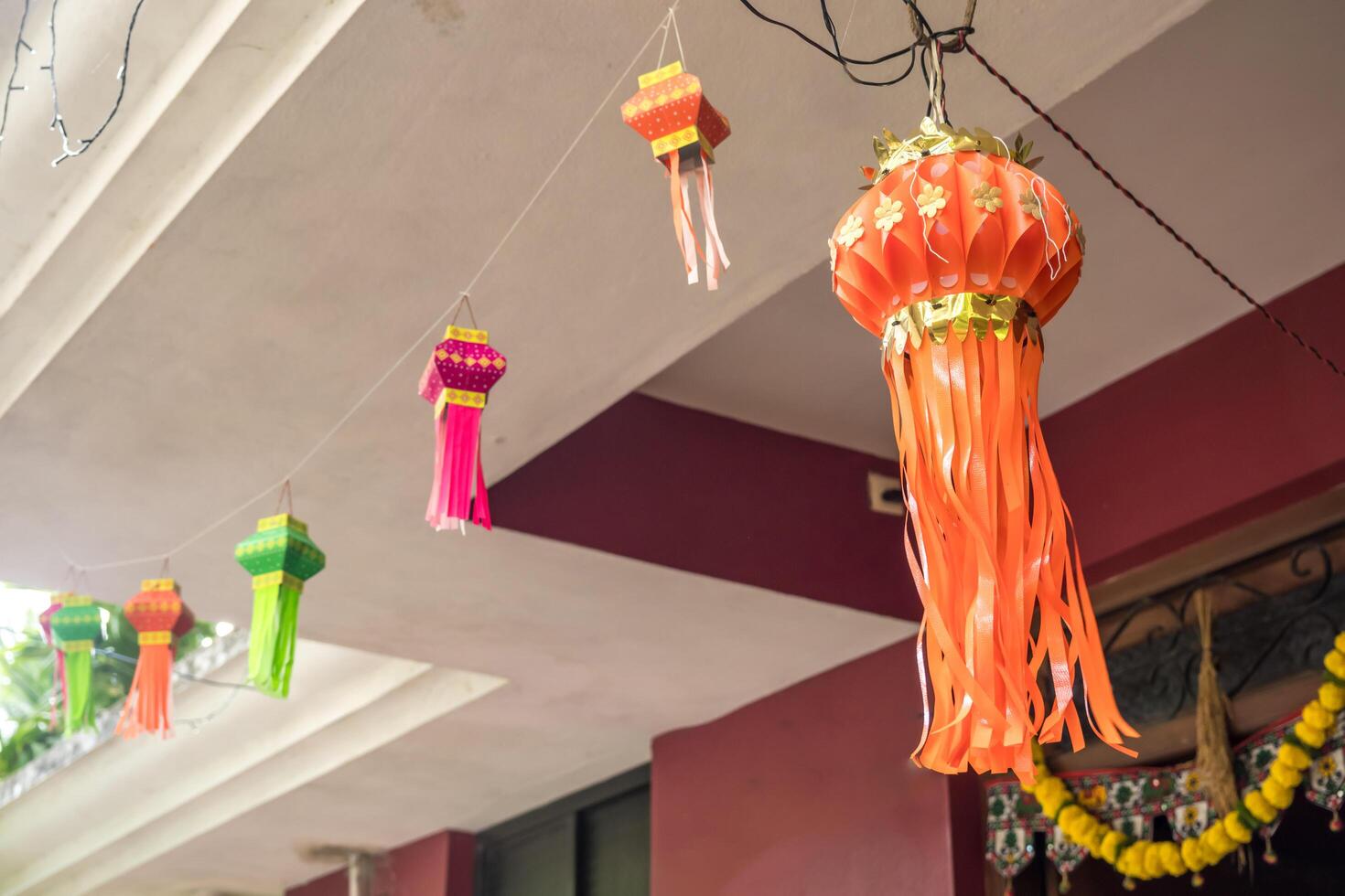 Traditional Diwali decorative paper lantern on street photo