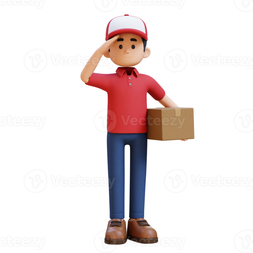 3D Delivery Man Character Salute Pose with Parcel Box png