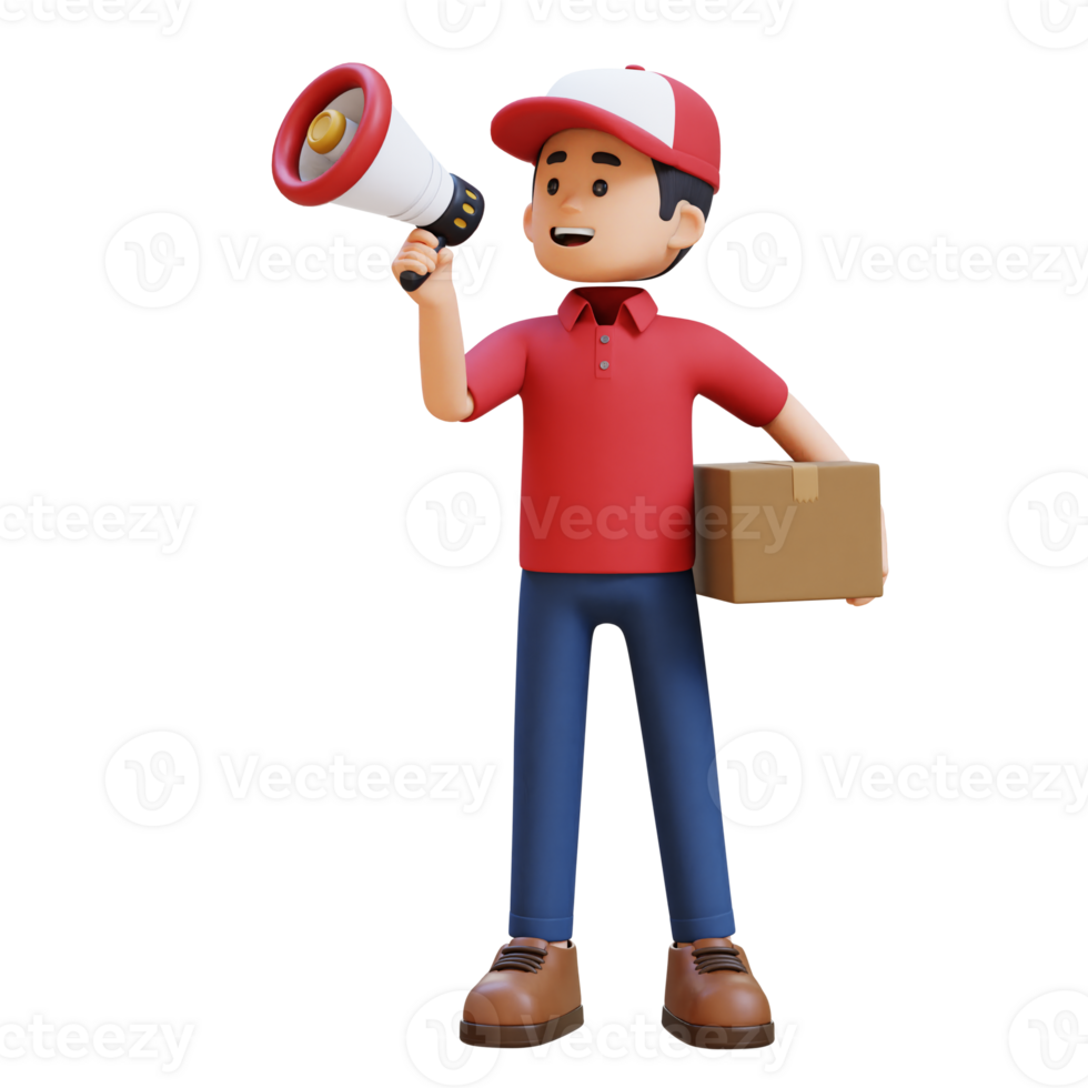 3D Delivery Man Character Holding Megaphone with Parcel Box png