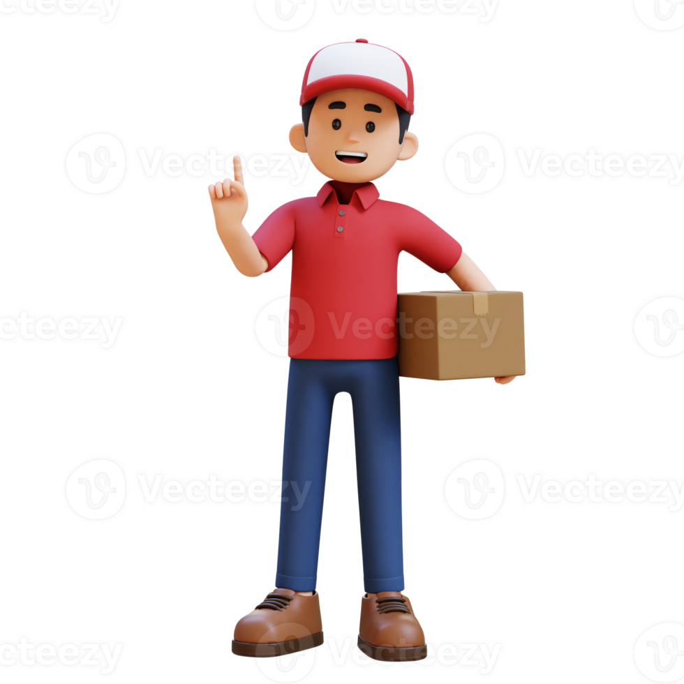 3D Delivery Man Character Explaining Pose with Parcel Box png