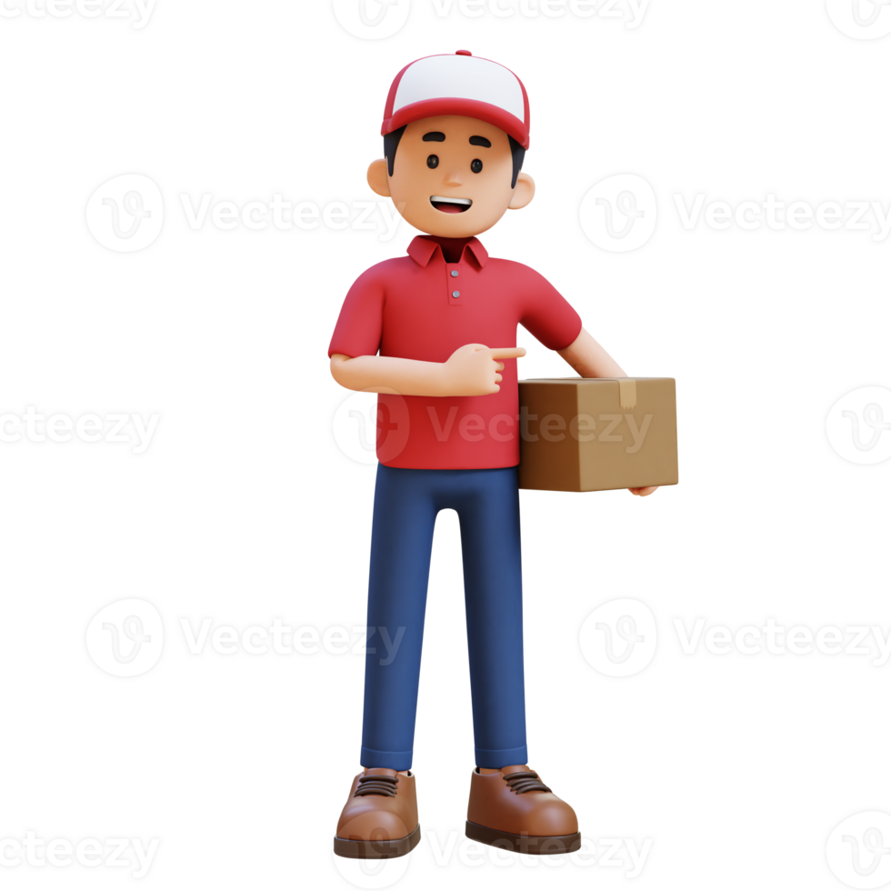 3D Delivery Man Character Pointing to the Left Pose with Parcel Box png