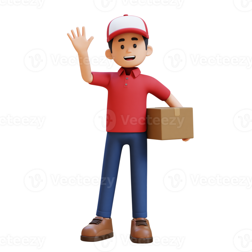 3D Delivery Man Character Waving Hand Pose with Parcel Box png