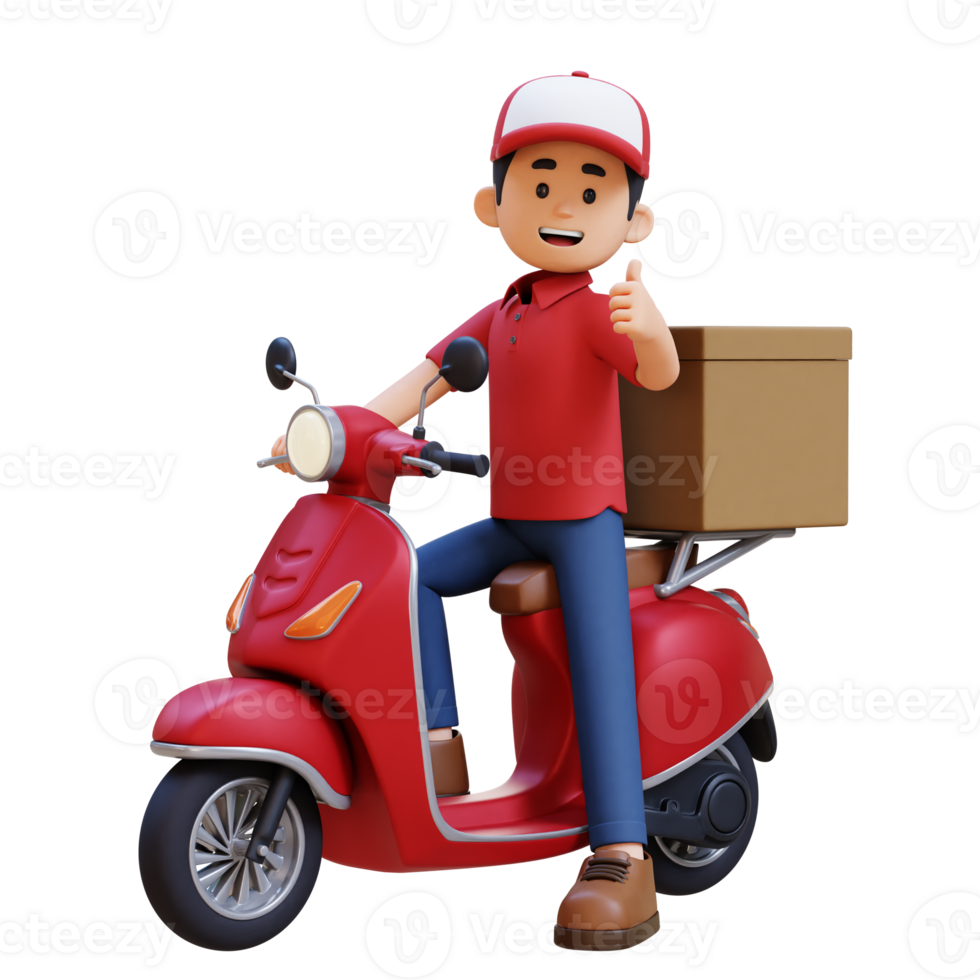 3d entrega hombre personaje entregando paquete con un scooter png