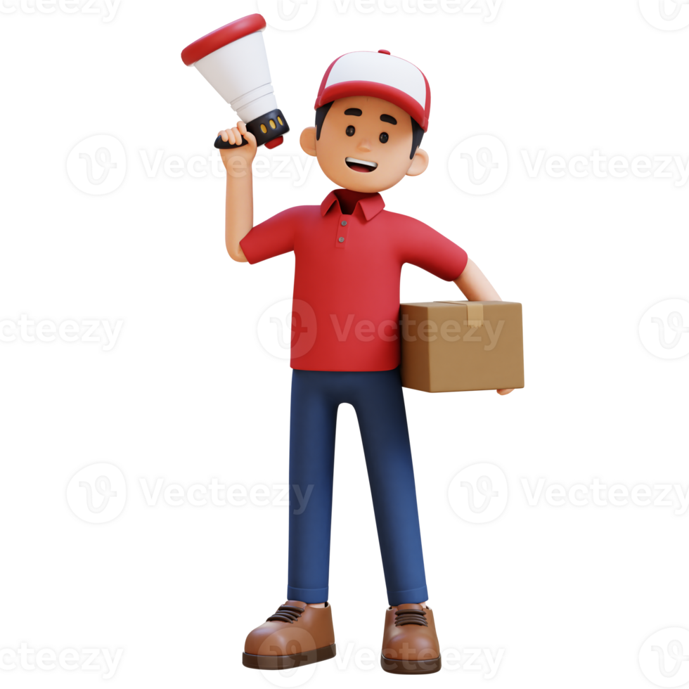 3D Delivery Man Character Holding Megaphone with Parcel Box png
