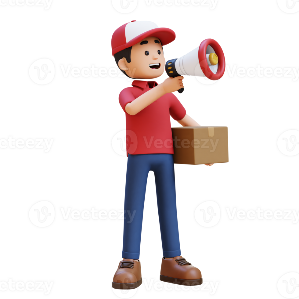 3D Delivery Man Character shouting with Megaphone with Parcel Box png
