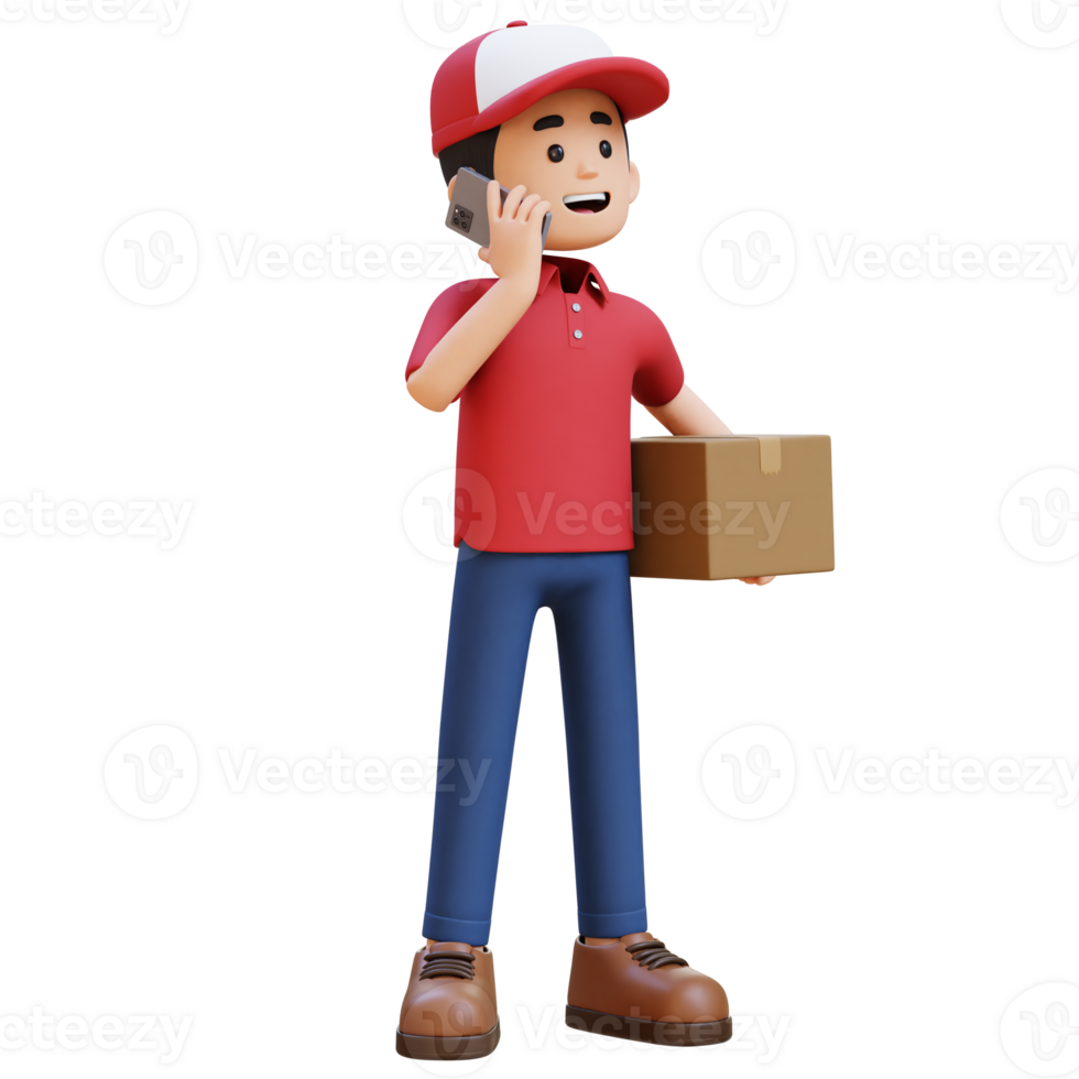 3D Delivery Man Character in a Phone Call with Parcel Box png