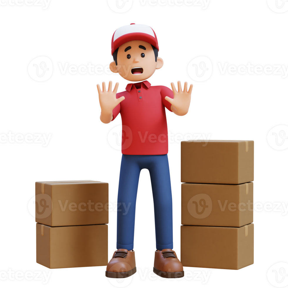 3D Delivery Man Character Fear and Denial Poses with Parcel Box png