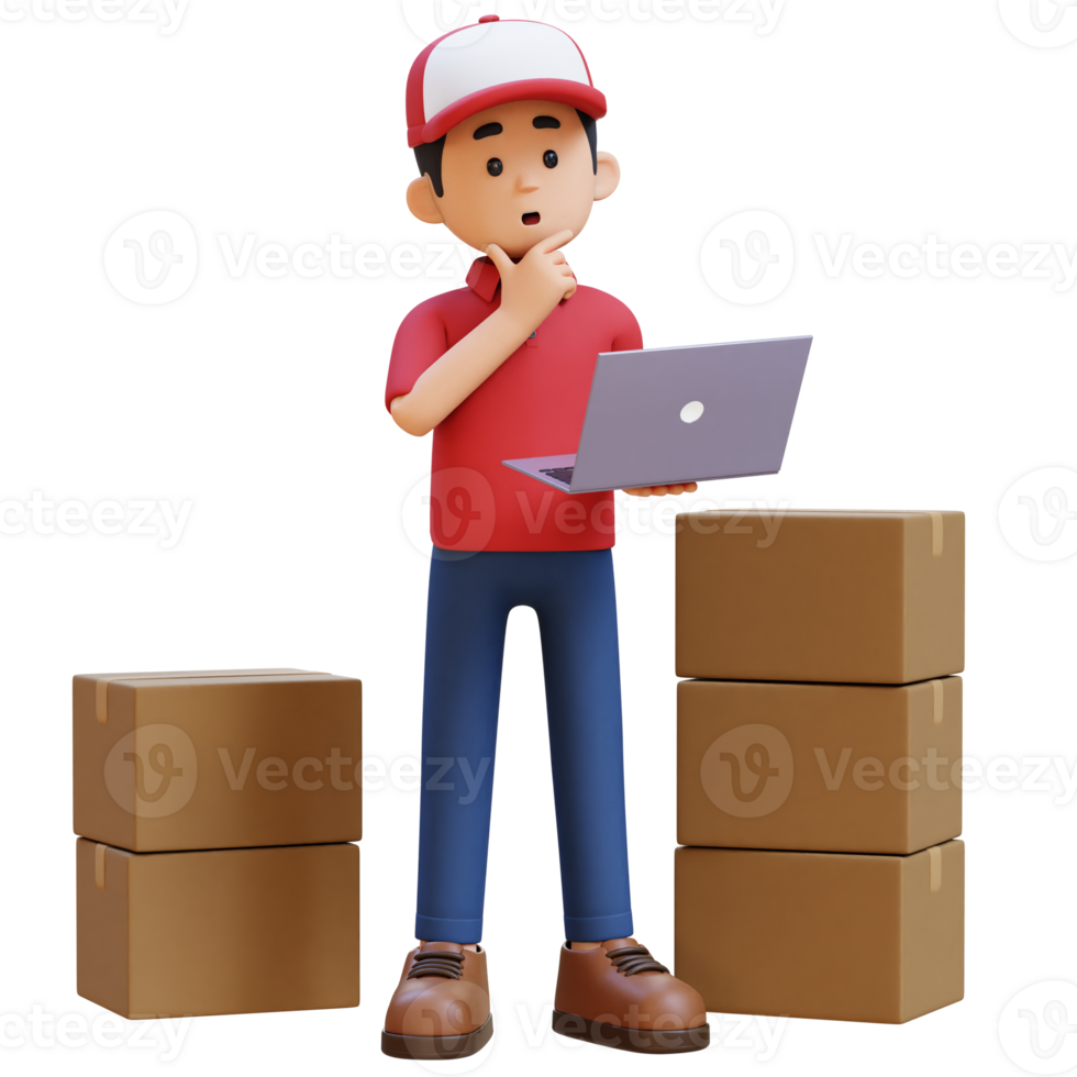 3D Delivery Man Character Thinking While Working on a Laptop with Parcel Box png