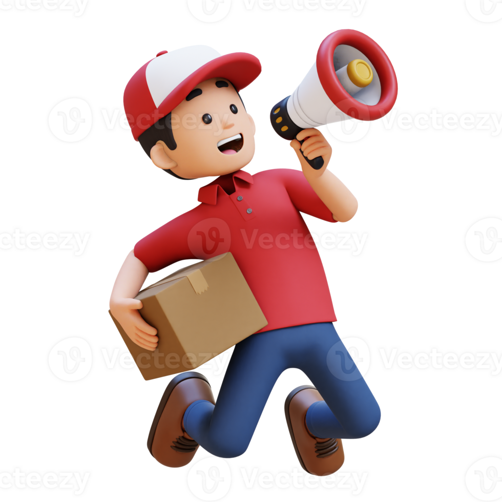 3D Delivery Man Character Holding Megaphone with Parcel Box png
