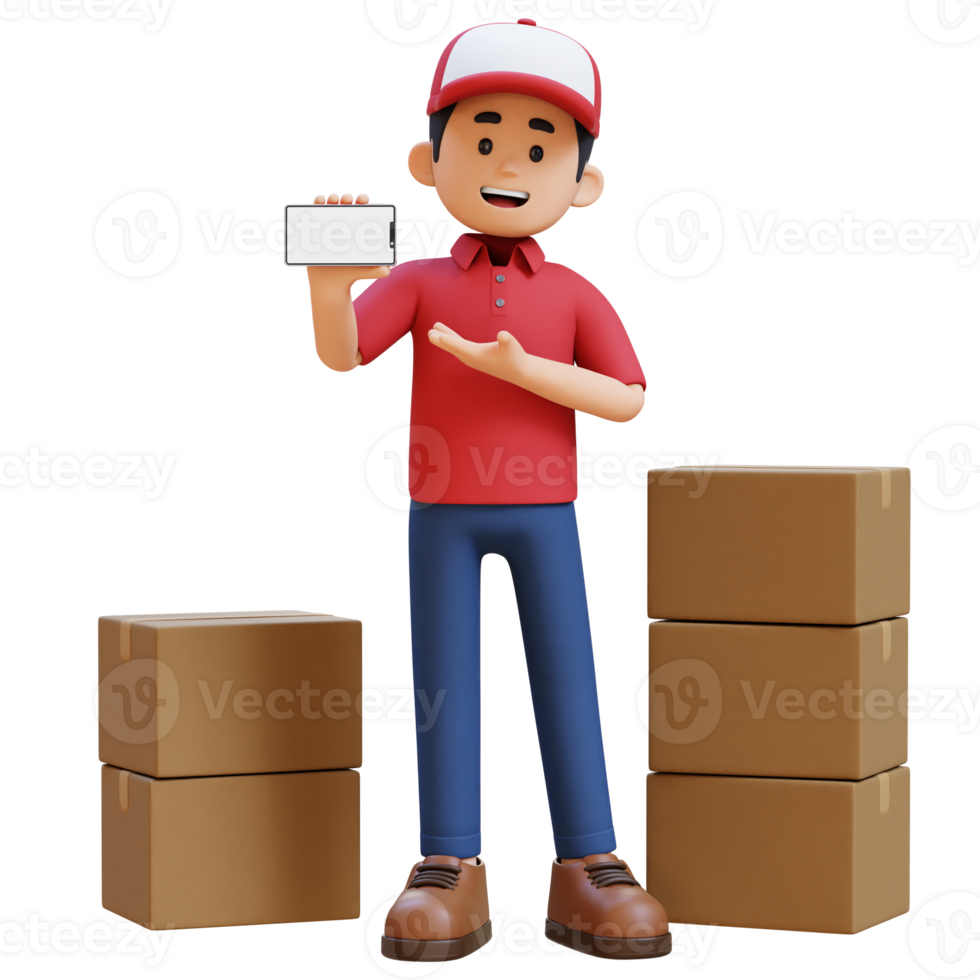 3D Delivery Man Character Presenting on Empty Phone Screen with Parcel Box png