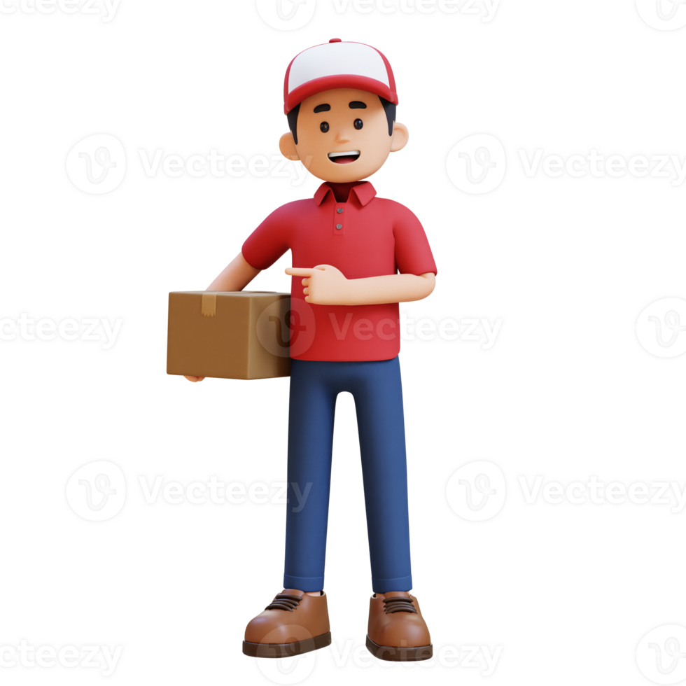 3D Delivery Man Character Pointing to the Right Pose with Parcel Box png